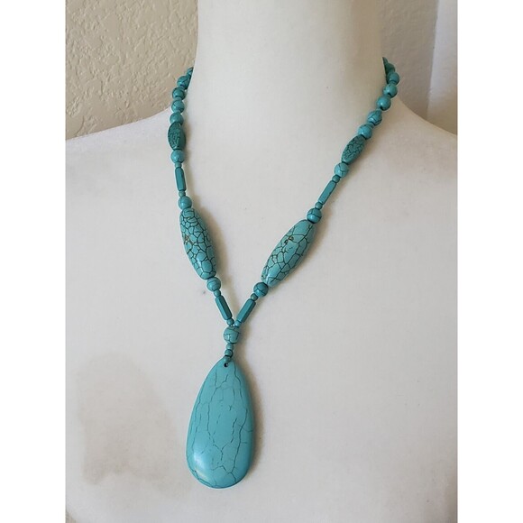 Southwestern Turquoise Stone Necklace 17 inch Long Polished Bead Pendant Howlite - Picture 6 of 6